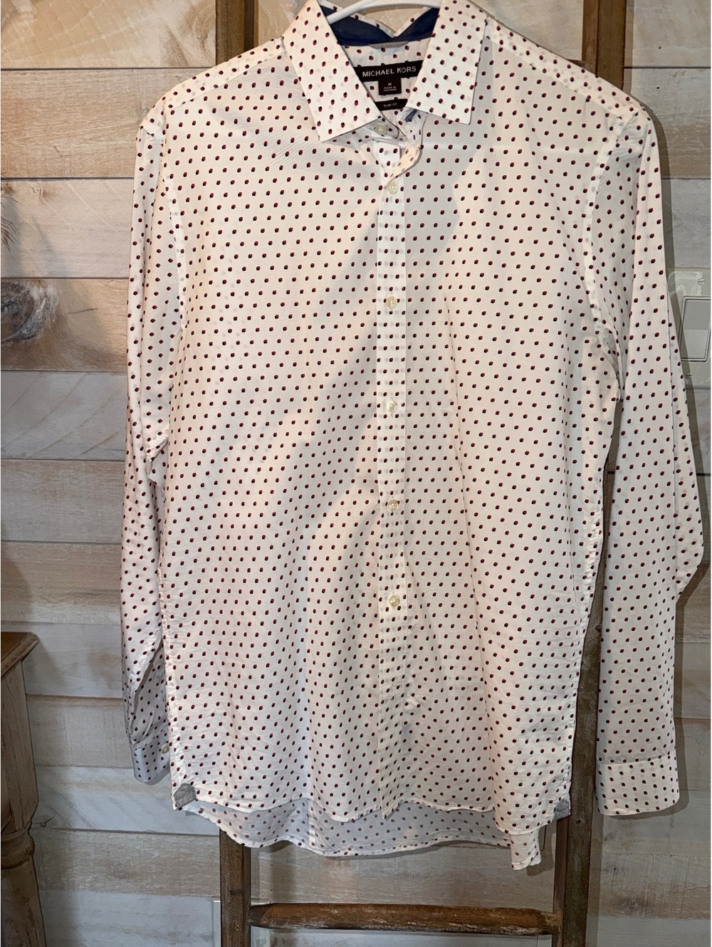 Michael Kors Slim Fit Men's Dress Shirt Medium White with Red and Blue Dot Print